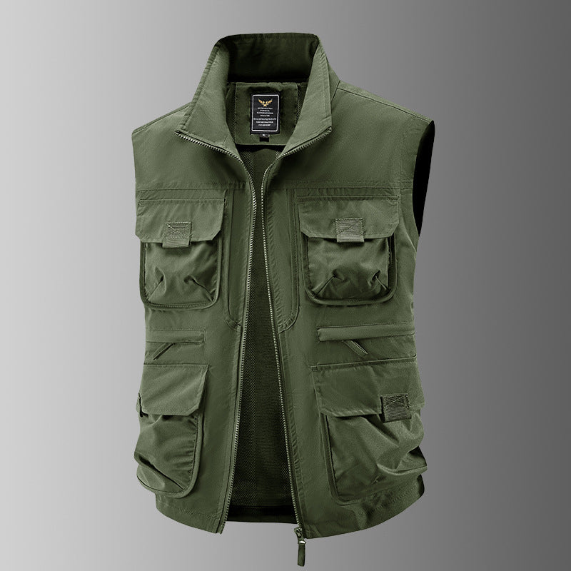 Herr Multi-Pocket Utility Väst med Hög Krage Tvåvägsdragkedja och Mesh Foder