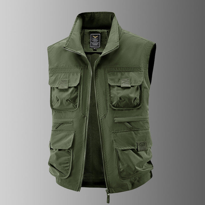 Herr Multi-Pocket Utility Väst med Hög Krage Tvåvägsdragkedja och Mesh Foder