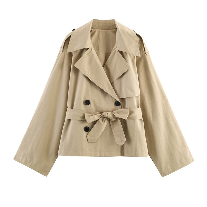 Dam Kort Cape Trenchcoat med Double-Breasted Knapp Knäppning och Tie Belt