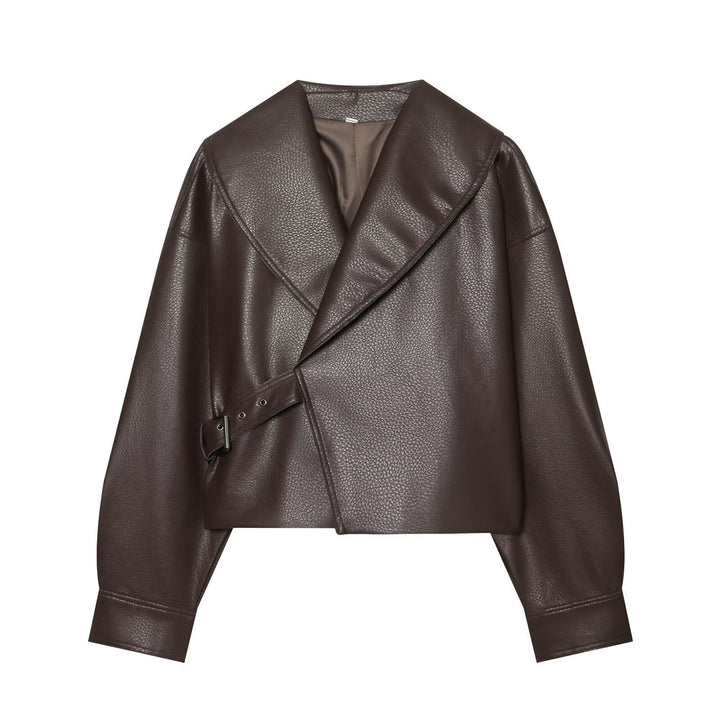 Dam Kort Läderlook Blouson med Oversize Shawl Krage och Asymmetrisk Waist Belt