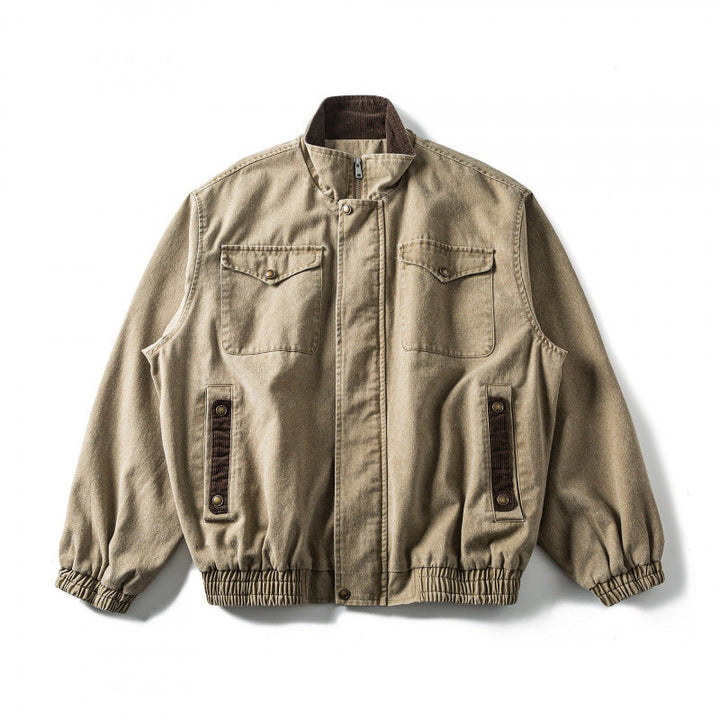 Herr boxig Canvas Blouson Jacka med Cord Trim, ståkrage och elastisk fåll