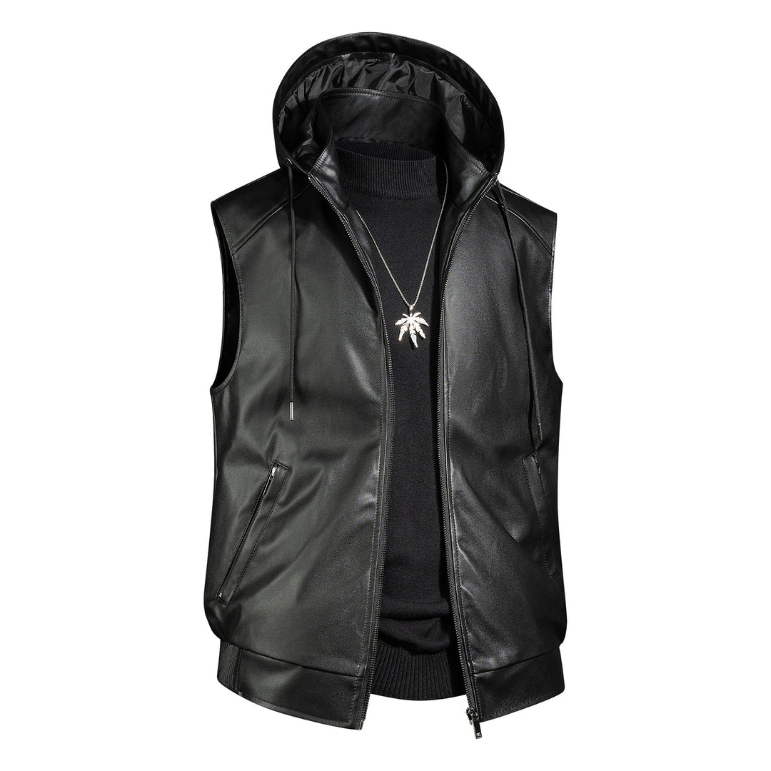 Herr Sleeveless Läder väst med huva quiltad Nappa Look och fickor med dragkedja