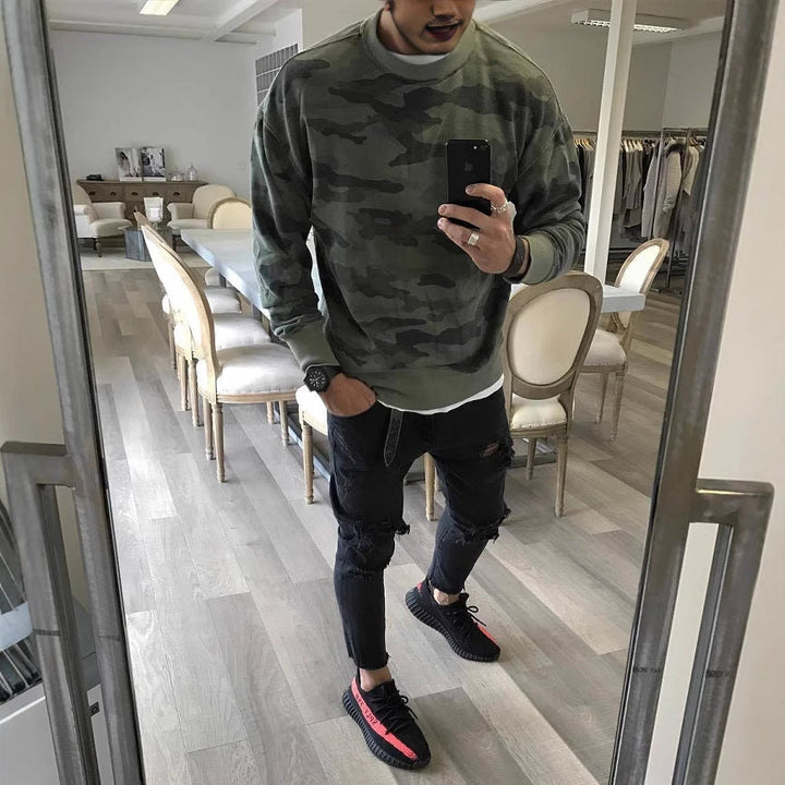 Herr Oversized Kamouflage College-Tröja med Crew Neck och Ribbstickade Muddar