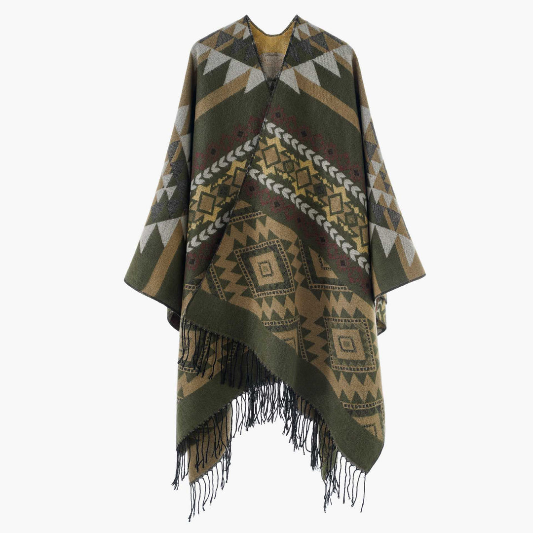 Dam Oversize Jacquard Cape i Ethno Jacquard med Fringing