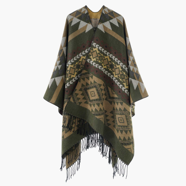 Dam Oversize Jacquard Cape i Ethno Jacquard med Fringing