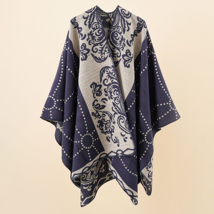 Dam Jacquard Ruana i cape stil med kontrasterande chain fåll