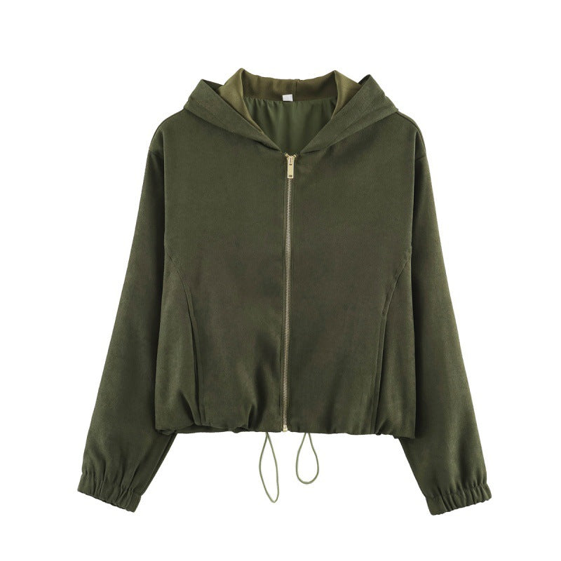 Dam kort jacka in velour look med huva, hellång dragkedja och fåll med dragsko