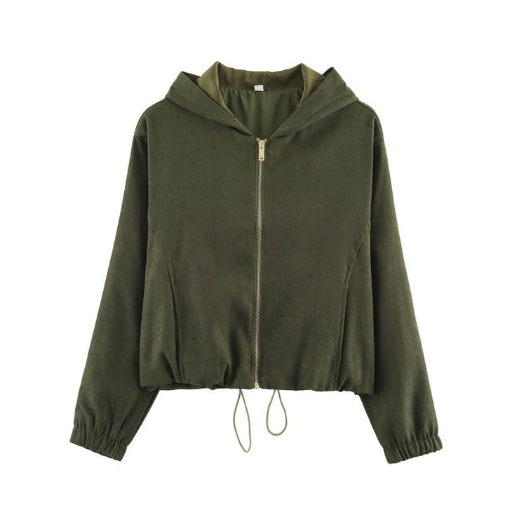 Dam kort jacka in velour look med huva, hellång dragkedja och fåll med dragsko