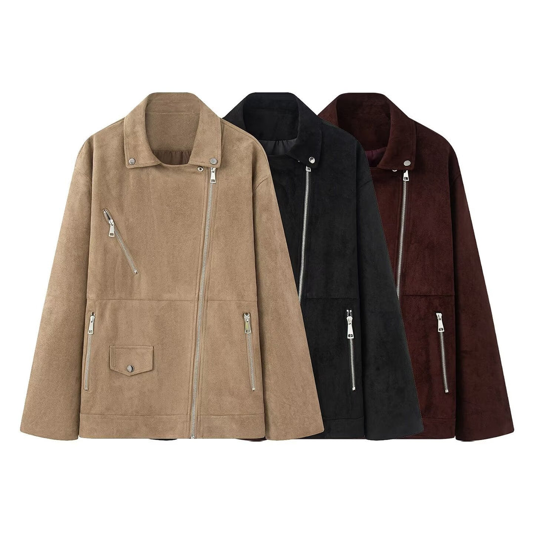 Dam lång oversized bikerjacka i velour look med diagonal dragkedja och multiple fickor