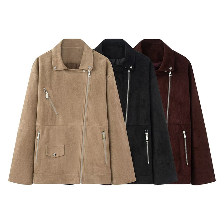 Dam lång oversized bikerjacka i velour look med diagonal dragkedja och multiple fickor