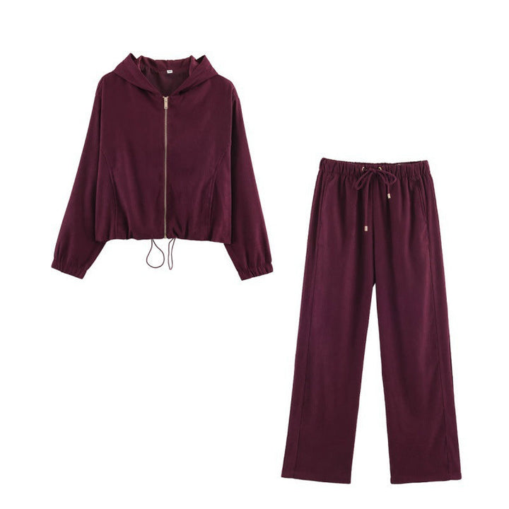 Dam kort jacka in velour look med huva, hellång dragkedja och fåll med dragsko