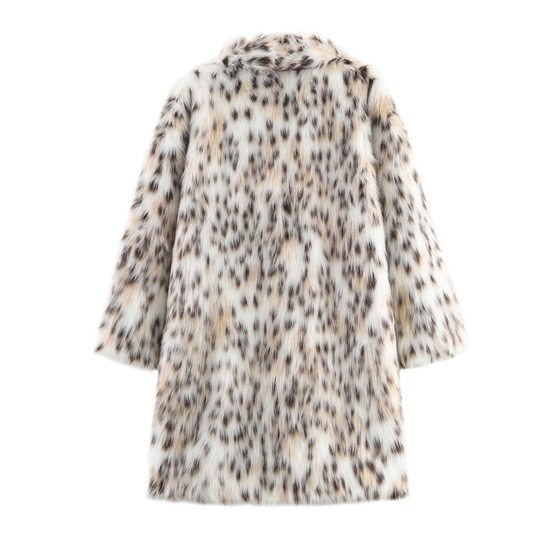 Dam Midi Kappa Gjord av Konstpäls med Leopardmönster, Oversized Passform och Sjalrakrage