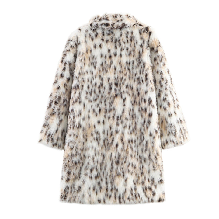 Dam Midi Kappa Gjord av Konstpäls med Leopardmönster, Oversized Passform och Sjalrakrage