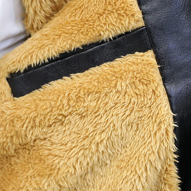 Herr Leather-Look Zip Jacka med Warming Teddyfoder och Minimal Söm Design
