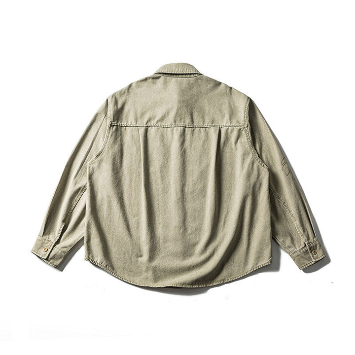Unisex Oversized Skjorta Jacka med Embroidered Leaf Motifs och Rounded Fåll