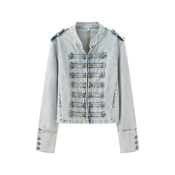Dam Denimjacka i Military Stil med Dekorativ Knapp Knäppning