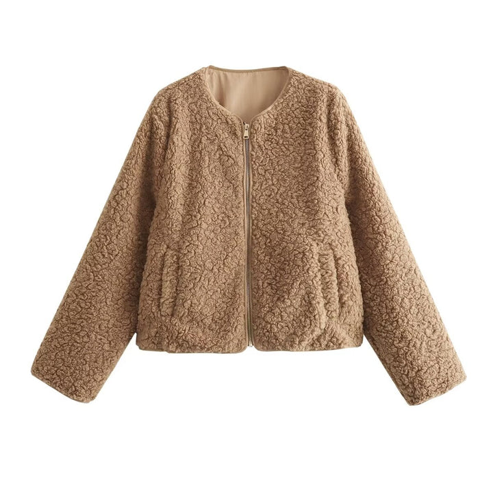 Dam kort teddy fleece blazer med rund hals, hel dragkedja, och discreet sidofickor