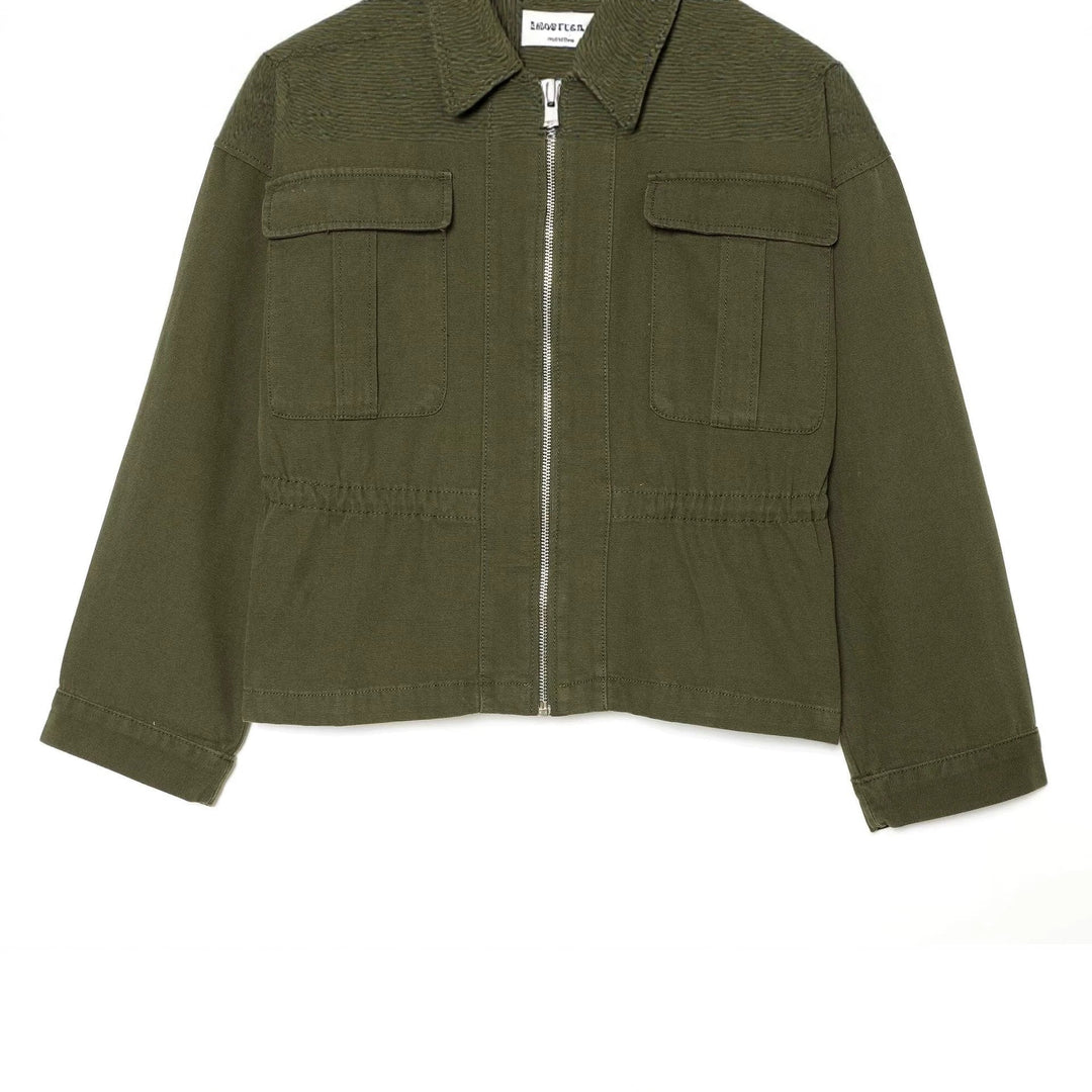 Dam Kort Skärning Utility Blouson Jacka med Stå Krage Lock Fickor och Continuous Dragkedja