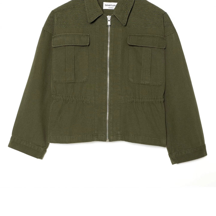 Dam Kort Skärning Utility Blouson Jacka med Stå Krage Lock Fickor och Continuous Dragkedja