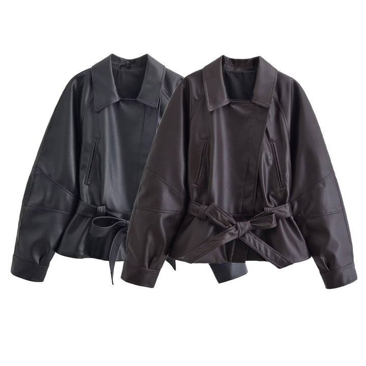 Dam Kort Läderlook Blouson med Wrap Belt, Oversize Ärmar och Distinctive Dekorativ Seams