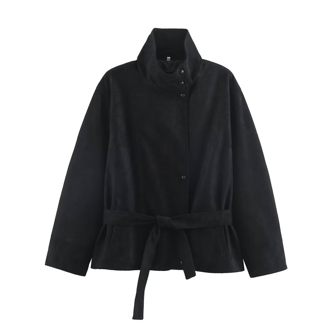 Dam Kort Jacka Tillverkad av Suede Look med Stå Krage och Tie Belt