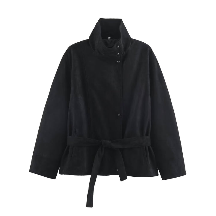 Dam Kort Jacka Tillverkad av Suede Look med Stå Krage och Tie Belt