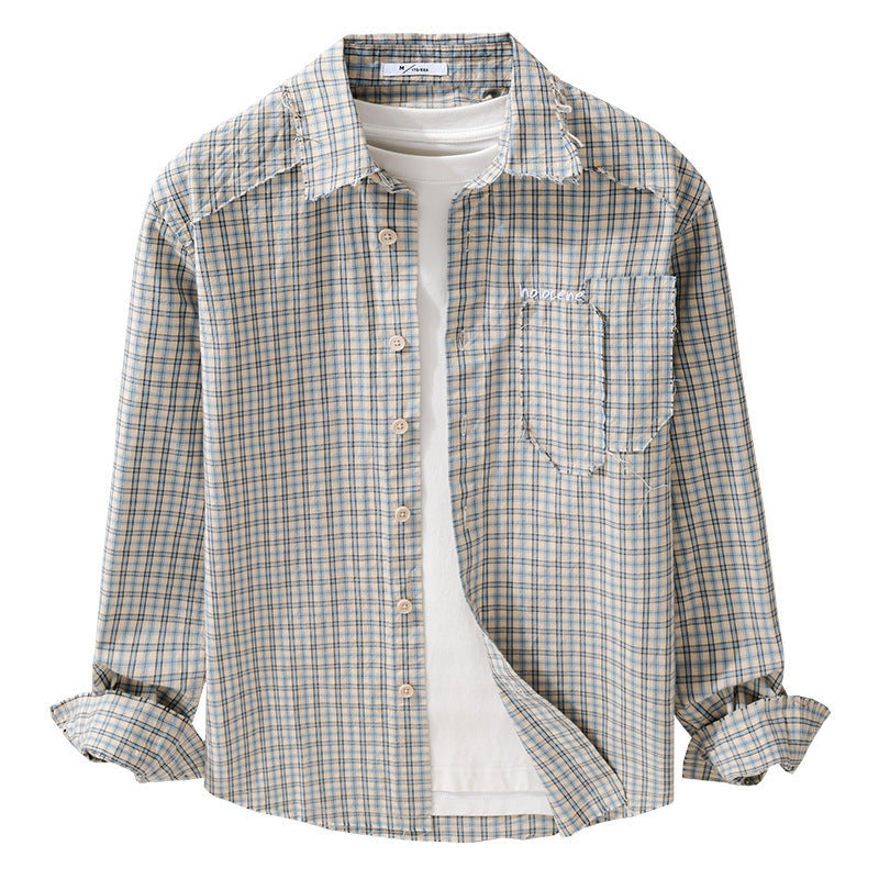 Herr Check Overshirt med Frayed Fåll, Bröstficka, och Avslappnad Passform