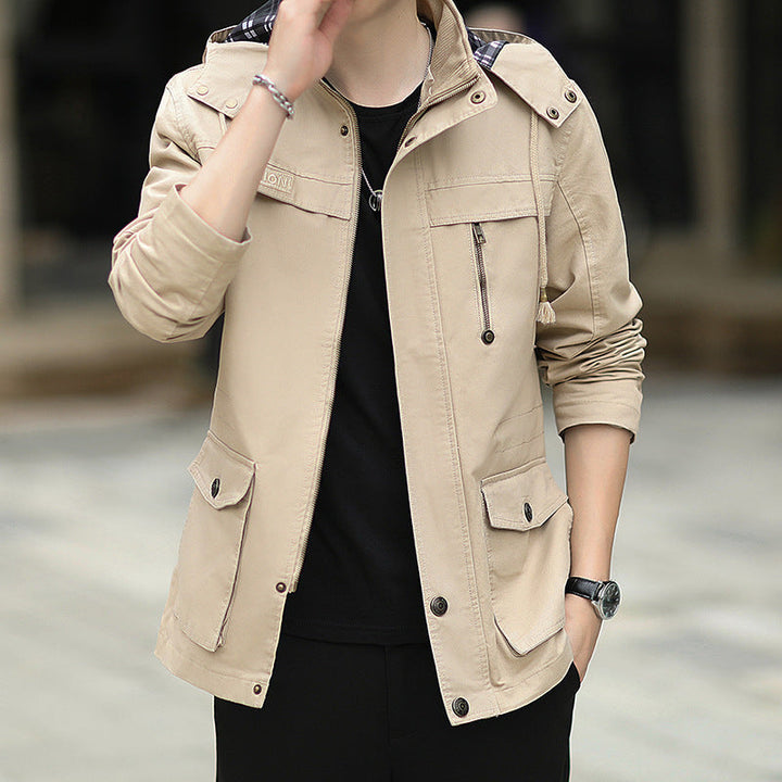 Herr Lätt Canvas Parka i Fält Stil med Huva och Multifunctional Fickor