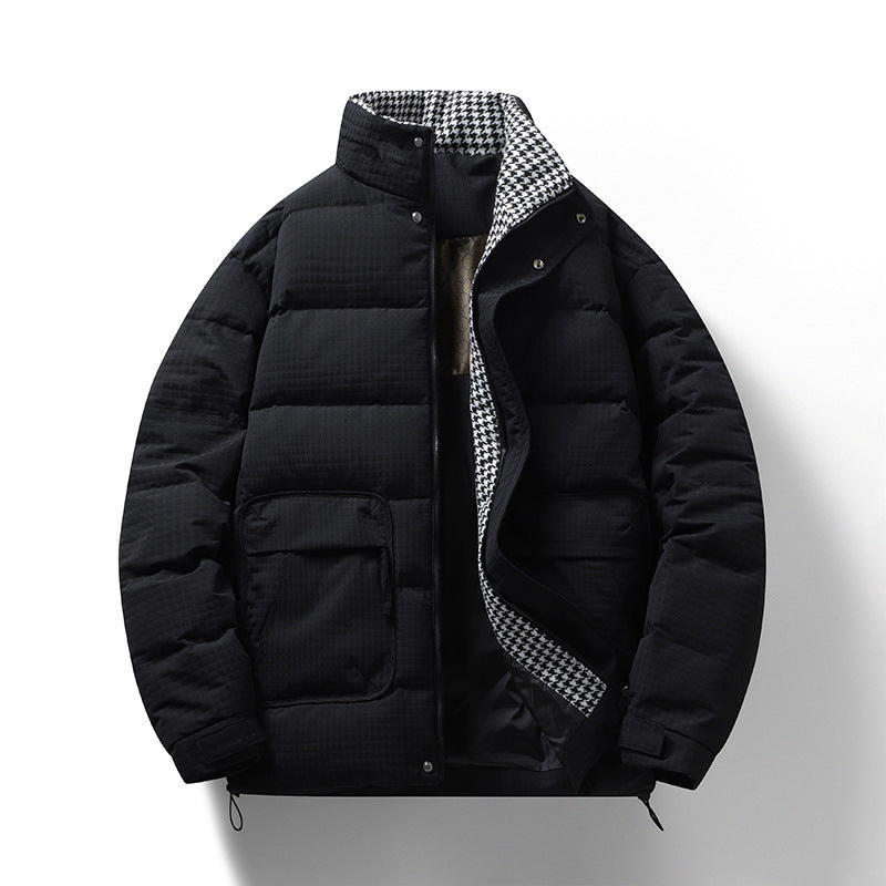 Herr quiltad jacka med houndstooth foder och justerbar fåll