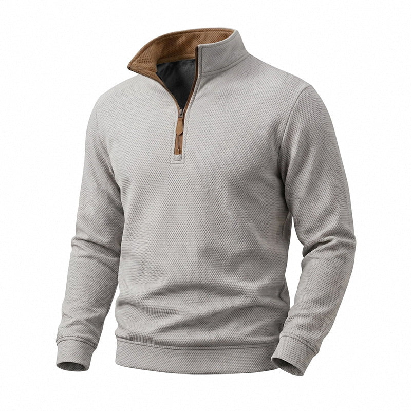 Herr Halv Dragkedja Pullover med Waffle Texture och Contrast Krage