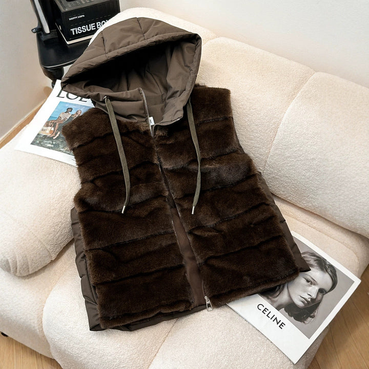 Dam Reversible plysch och quiltad väst med huva och Two-Way dragkedja