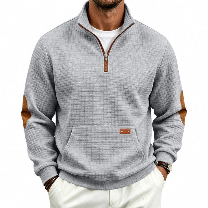 Herr Quiltad Structure Pullover med Halv Dragkedja, Elbow Lappar, och Känguruficka