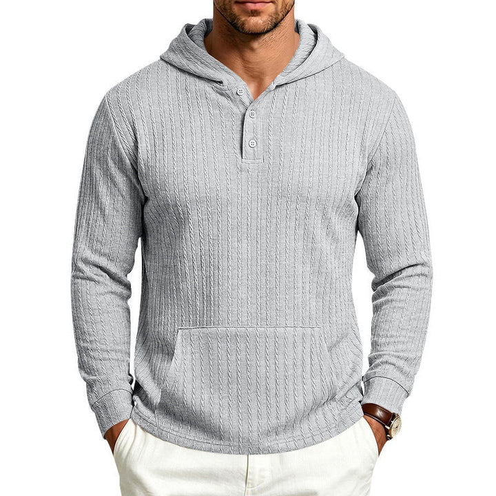 Herr med Huva Henley Pullover med Cable Stickad Structure, Känguruficka och Ribbstickade Muddar