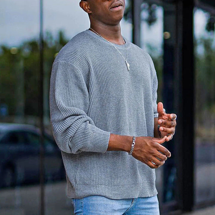 Herr Ledig Strukturerad Stickad Pullover med Round Neck och Drop Shoulders