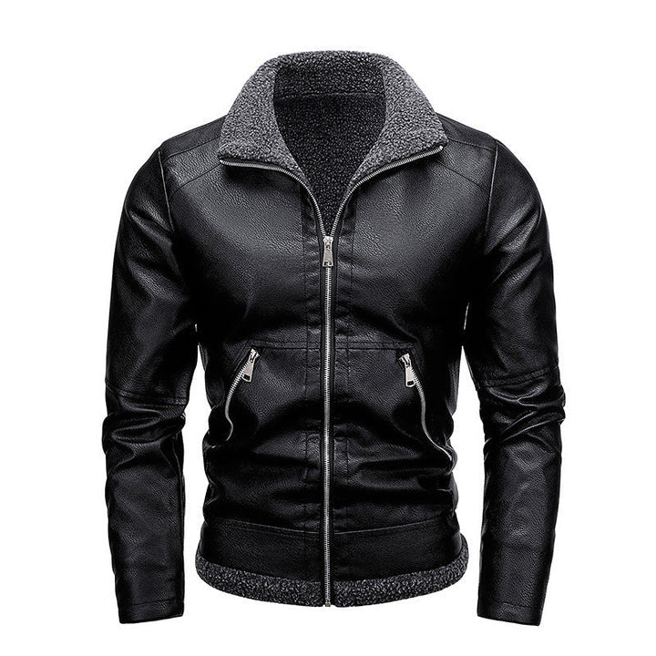 Herr Läder Look Pilot Jacka med Sherpa Interior Foder och Dold Zip Knapplist
