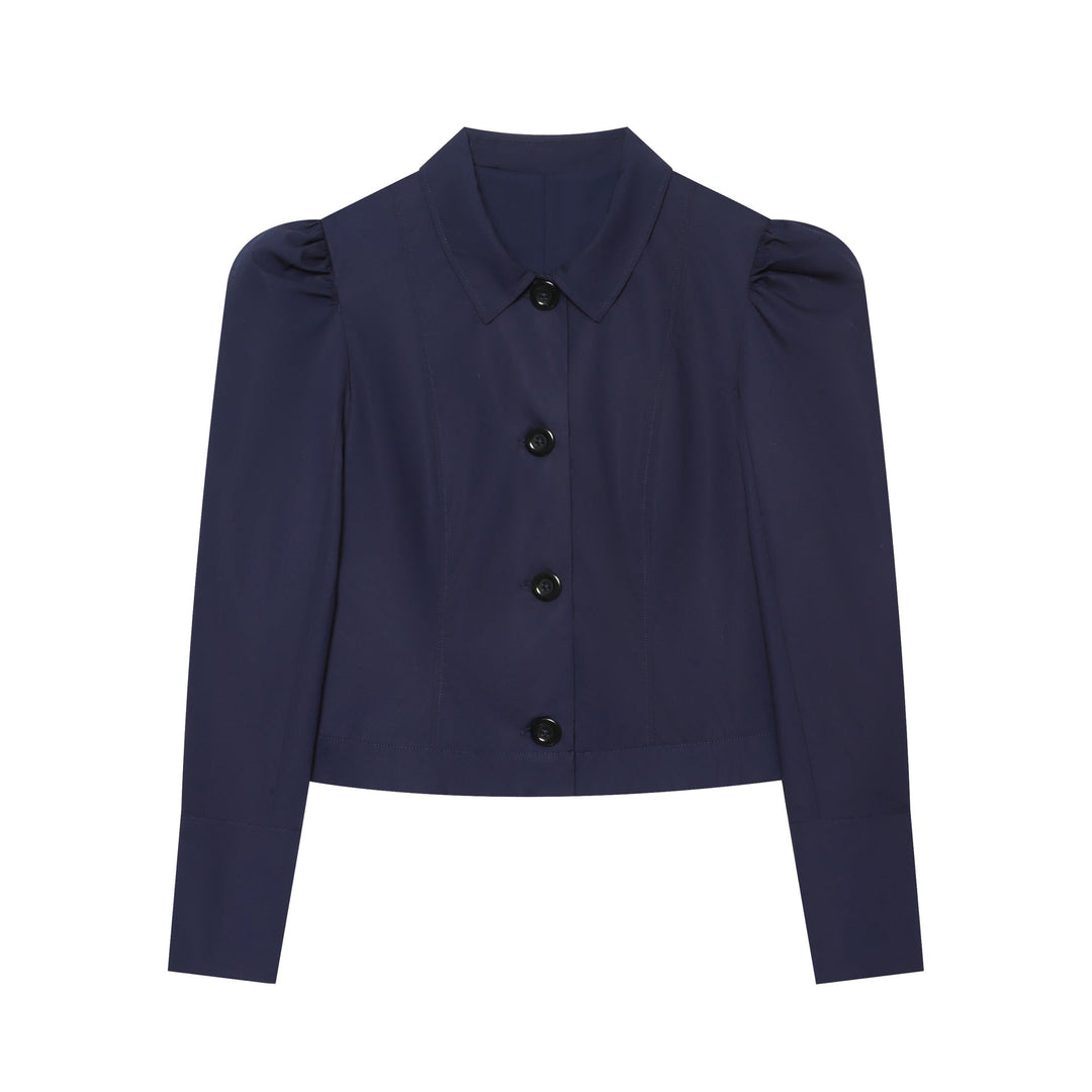 Dam Crop Blouson Jacka med Puff Ärmar, Skjort Krage och Tailored Silhuett