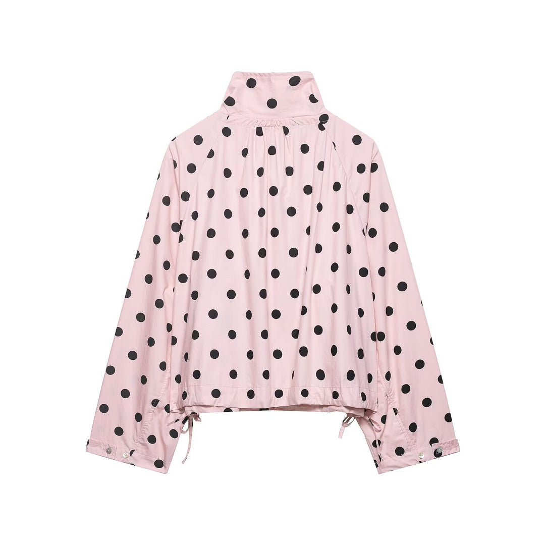Dam Lätt Oversize Prickig Prick Windbreaker med Stå Krage, Knapp Knäppning och Drawstring