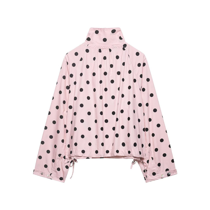 Dam Lätt Oversize Prickig Prick Windbreaker med Stå Krage, Knapp Knäppning och Drawstring