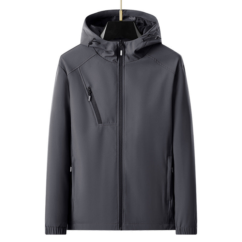 Herr lätt softshell utomhusjacka med ergonomic huva och diagonal bröst dragkedja