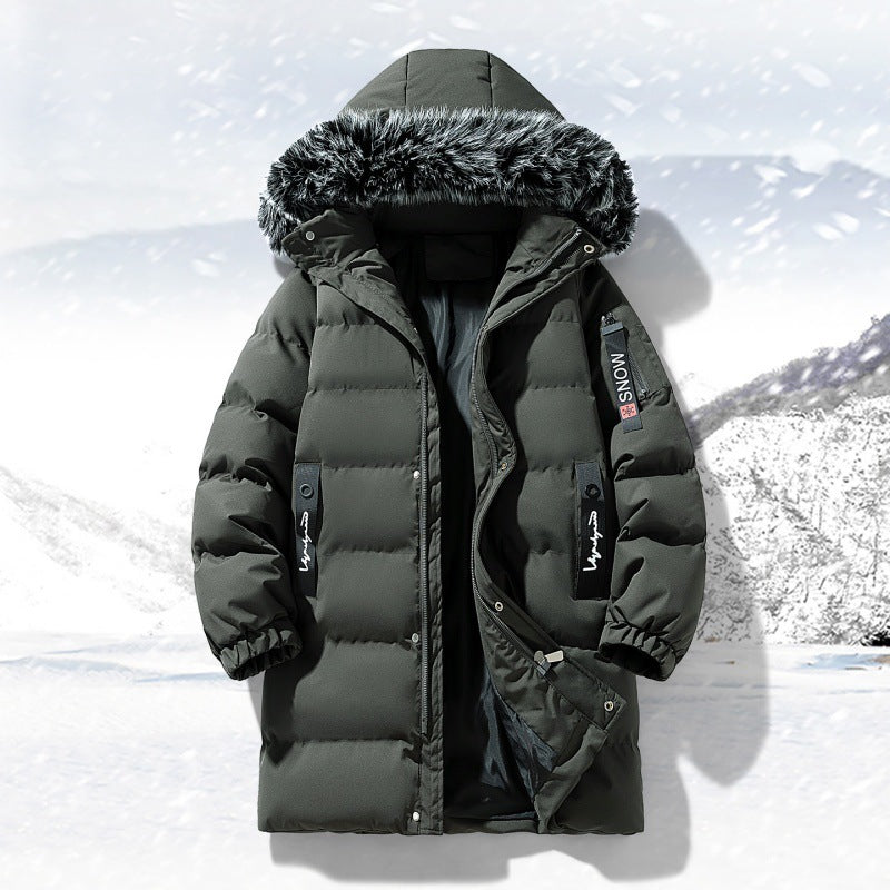 Herr longer quiltad parka med huva och fusk päls trim