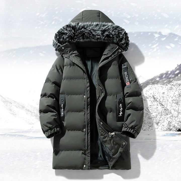 Herr longer quiltad parka med huva och fusk päls trim