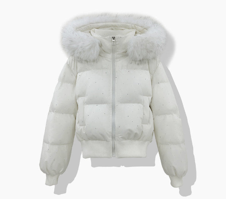 Dam kort quiltad puffer blouse med fine rhinestone embellishment, detachable huva med fuskpäls och elastisk fåll