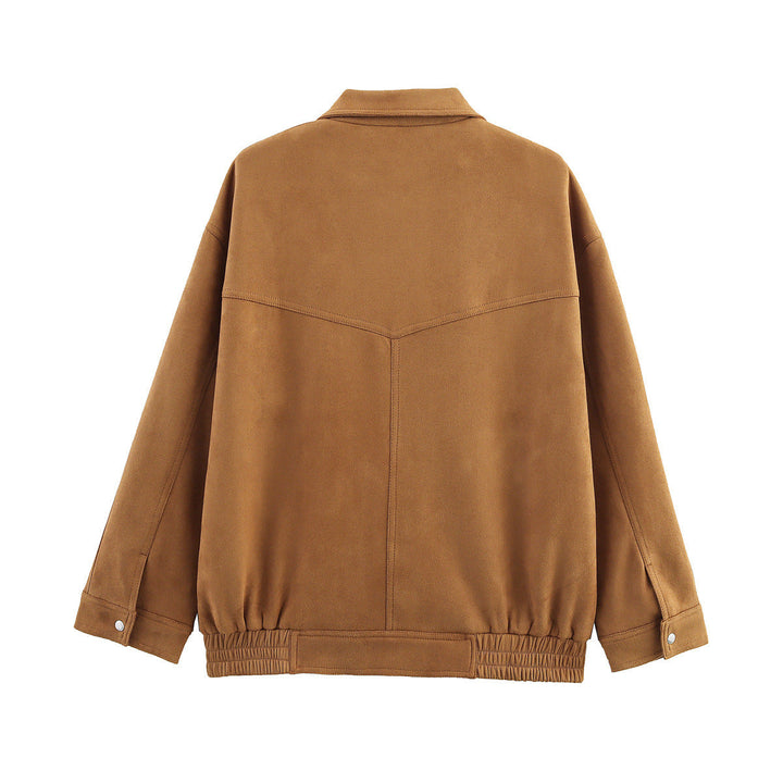 Dam avslappnad velour jacka med snap knäppning, patch flap fickor, och elastisk fåll