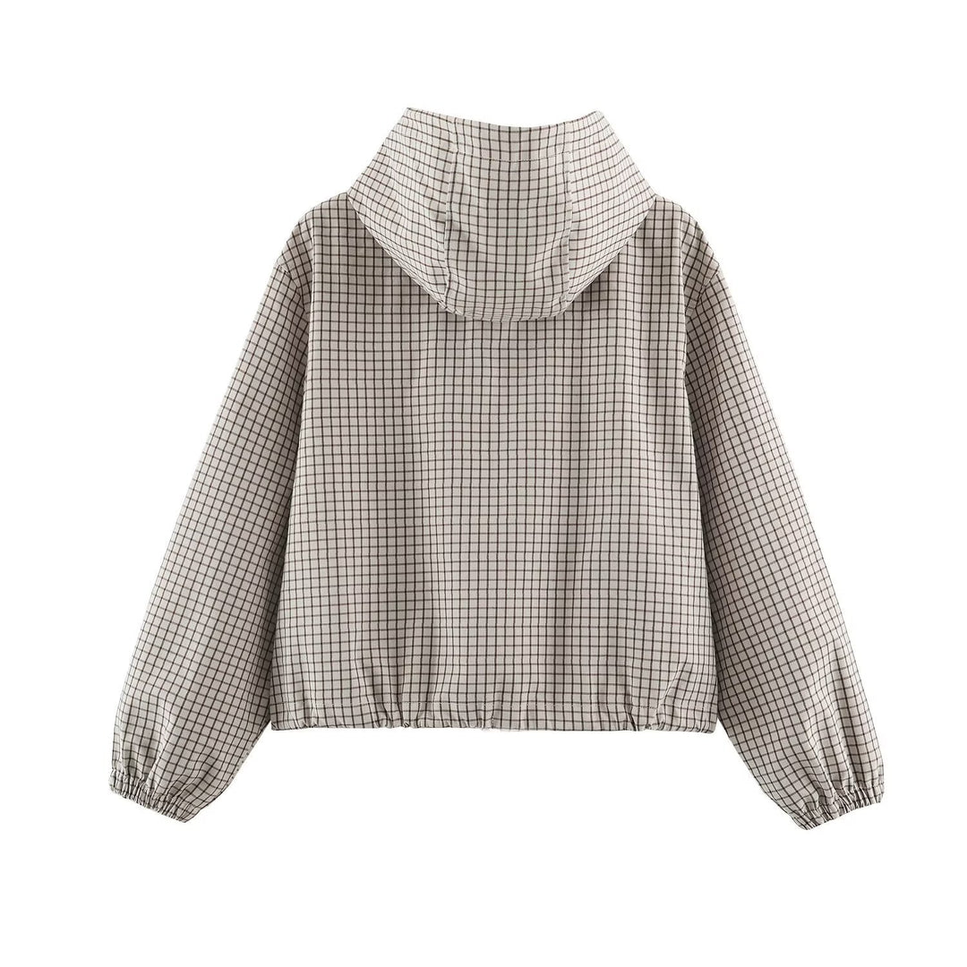Dam Kort Rutig med Huva Blouson med Drawstring, Dragkedja och Elastic Muddar