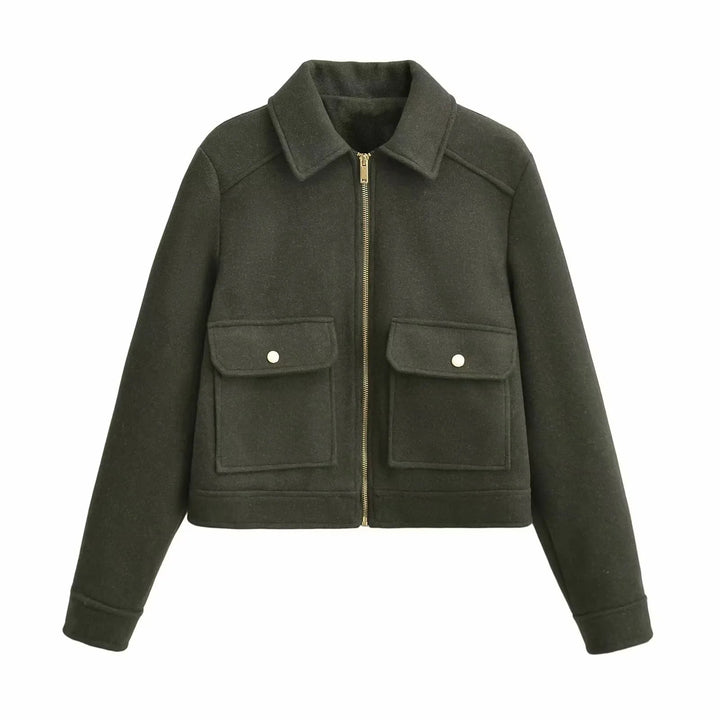Dam boxy ullblandning shacket med concealed metal dragkedja, skjortkrage, och påsydda fickor