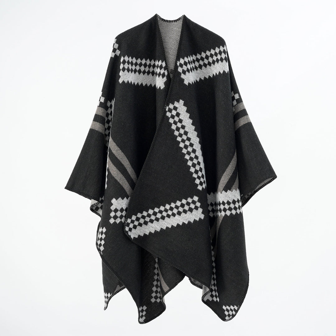 Dam oversized poncho Cape tillverkad av ullblandning med Geometric Jacquard och Decorative Stitching