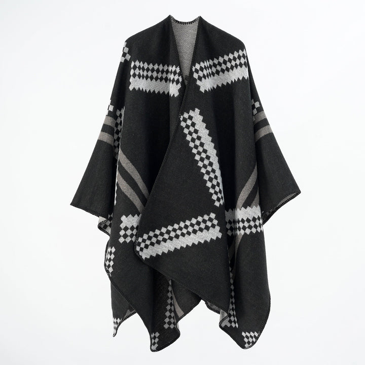Dam oversized poncho Cape tillverkad av ullblandning med Geometric Jacquard och Decorative Stitching