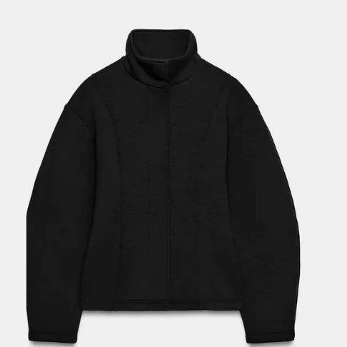 Dam Kort Boxig Fleecejacka med Stå Krage, Vertical Textured Seams, och Dold Dragkedja