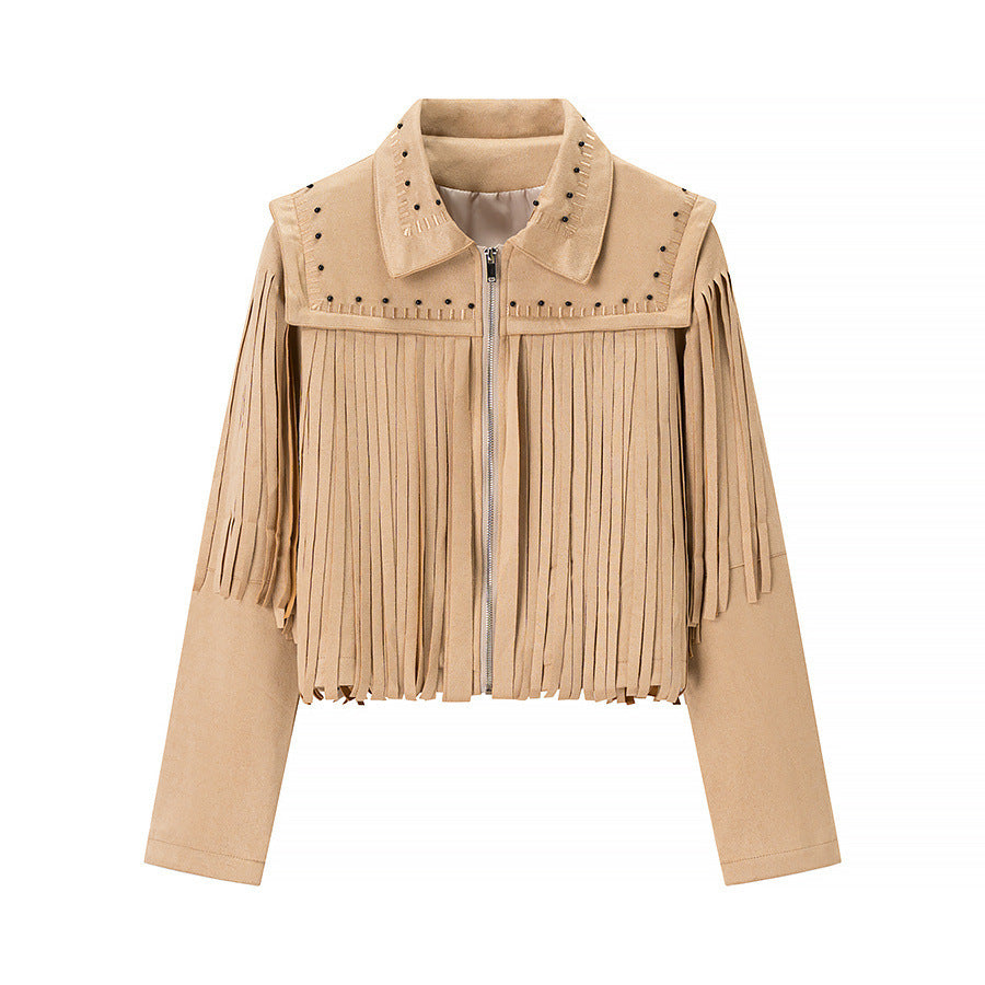Dam kort Fringe mocka jacka in Western stil med Studded Accents och fram dragkedja