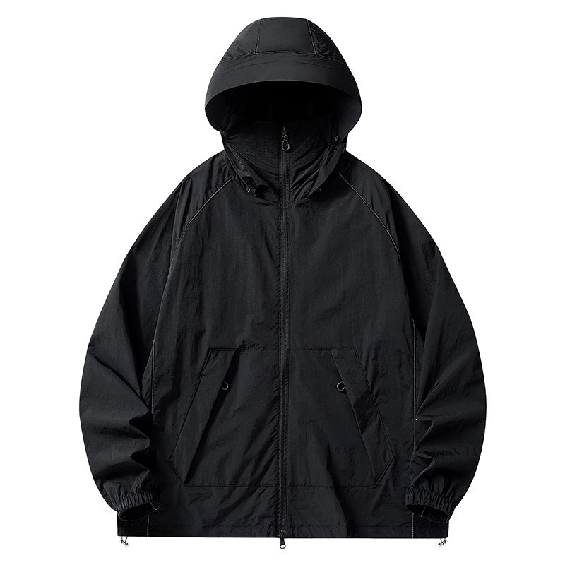Herr Lätt Wind och Water-Repellent Jacka med Huva med Mesh Foder, Raglanärmar &amp; Adjustable Fåll